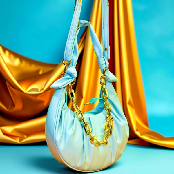 Luxurious Aqua Crescent Shoulder Bag with Gold Chain Accent - Image 4