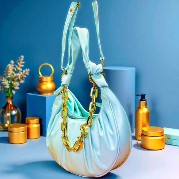 Luxurious Aqua Crescent Shoulder Bag with Gold Chain Accent - Image 2