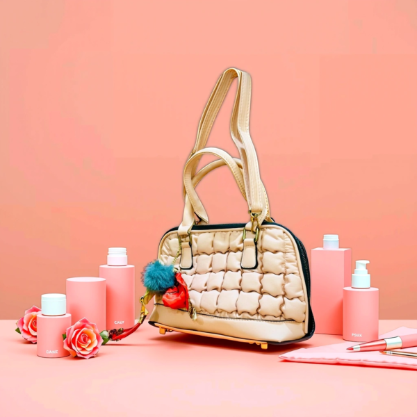 Trendy Quilted Handbag with Luxe Handle Scarf and Fluffy Charm - Image 5