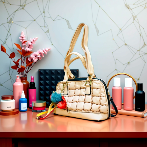 Trendy Quilted Handbag with Luxe Handle Scarf and Fluffy Charm - Image 4