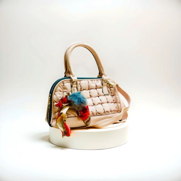 Trendy Quilted Handbag with Luxe Handle Scarf and Fluffy Charm - Image 3