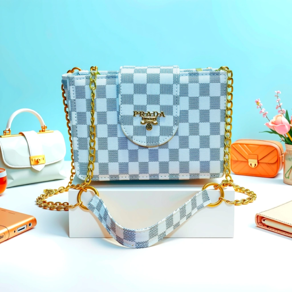 Luxury Checkered Mini Handbag with Golden Chain Strap - Image 5