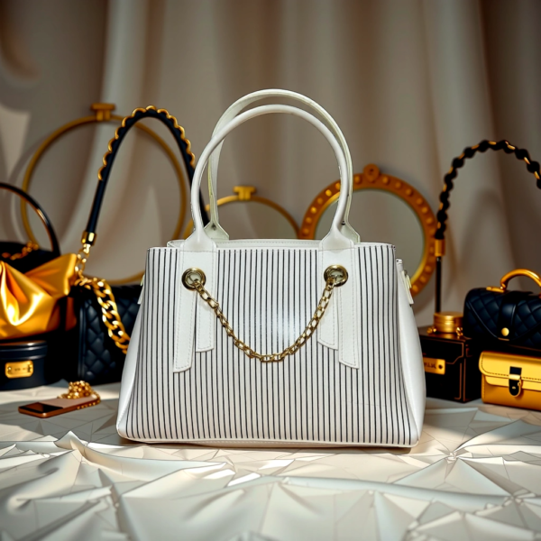 White & Black Striped Chain Handbag - Image 2