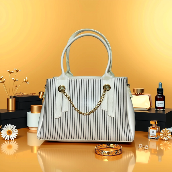 White & Black Striped Chain Handbag - Image 7