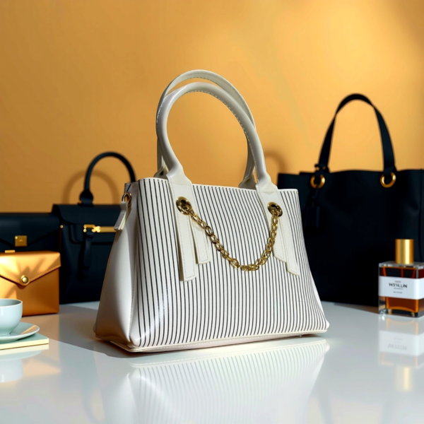 White & Black Striped Chain Handbag