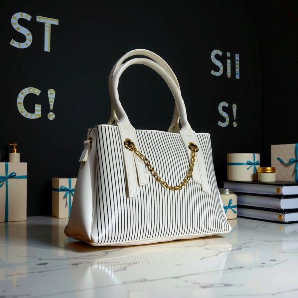 White & Black Striped Chain Handbag - Image 5