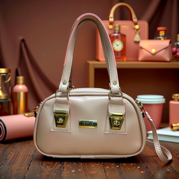 Blush Pink Leatherette Handbag with Gold Accents - Image 4
