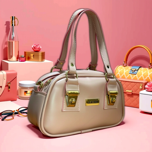 Blush Pink Leatherette Handbag with Gold Accents - Image 3