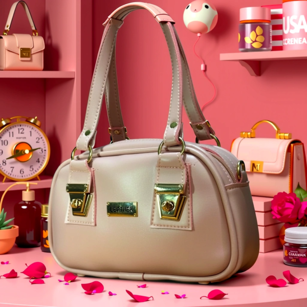 Blush Pink Leatherette Handbag with Gold Accents - Image 2