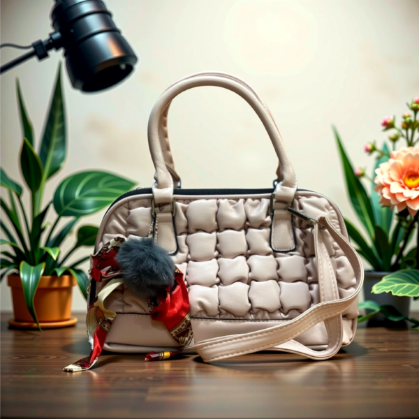 Trendy Quilted Handbag with Luxe Handle Scarf and Fluffy Charm